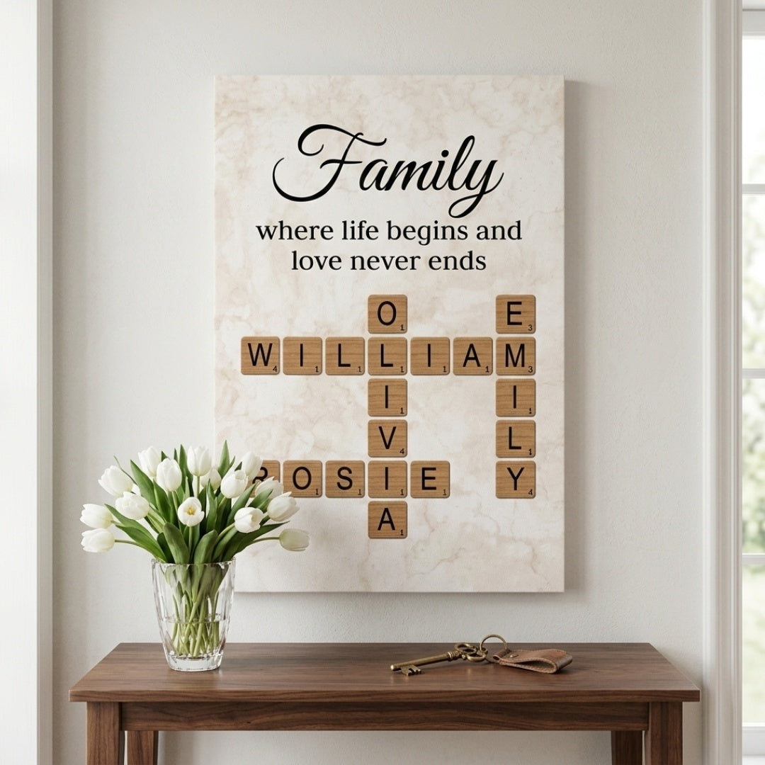 Where Life Begins and Love Never Ends - Personalised Family Crossword Canvas / Poster