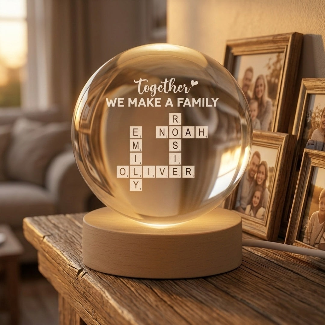 Custom Family Crossword Puzzle Art - Personalised Crystal Ball Lamp