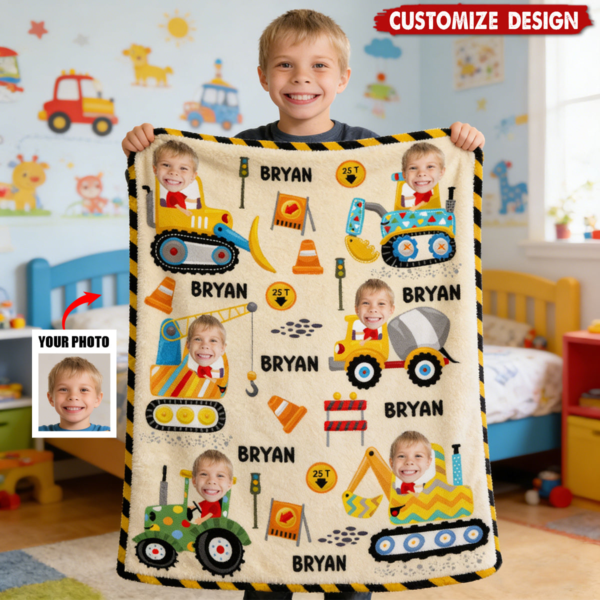 Construction Machines - Personalized Custom Kids Photo Blanket