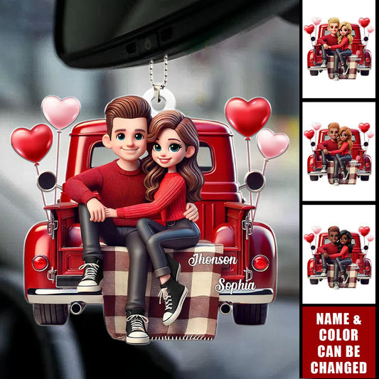 Personalized Custom Couple Sitting On Red Truck Acrylic Car Hanger Ornament - Valentine's Day Anniversary Gift For Couples