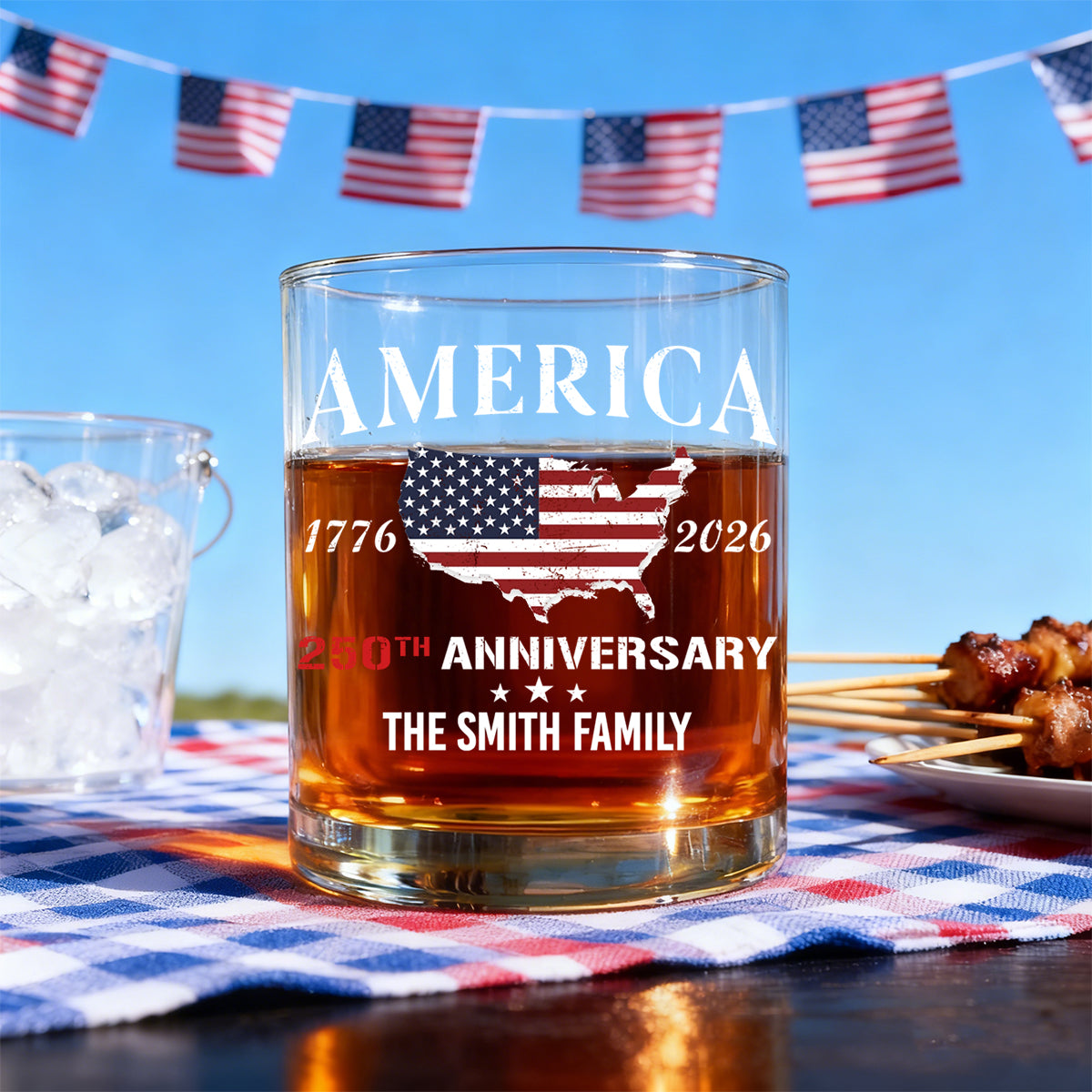 America 250th Anniversary - Personalized Family Name Whiskey Glass