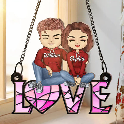 Chibi Couple Love Word Ornament - Personalized Window Hanging Suncatcher Ornament