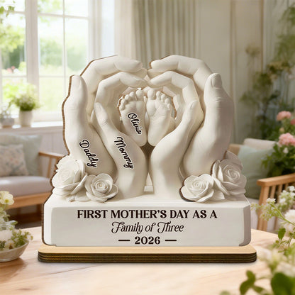First Mother's Day As A Family Of Three - Personalized Custom 2-Layer Wood Plaque
