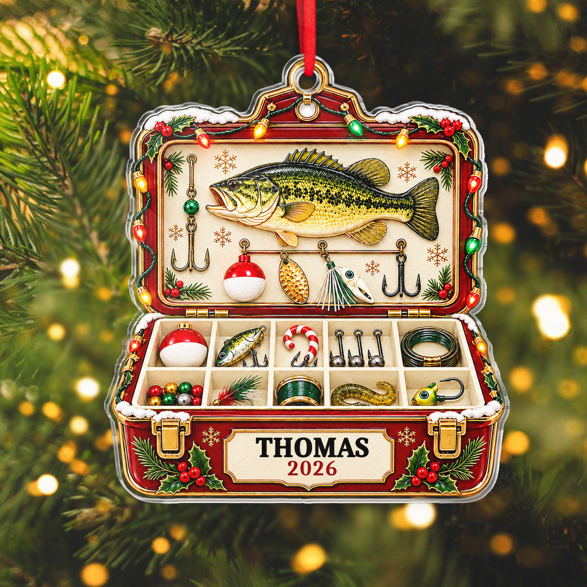Tackle Box Keepsake Personalized Fishing Acrylic Ornament - Custom Gift for Dad Husband Grandpa