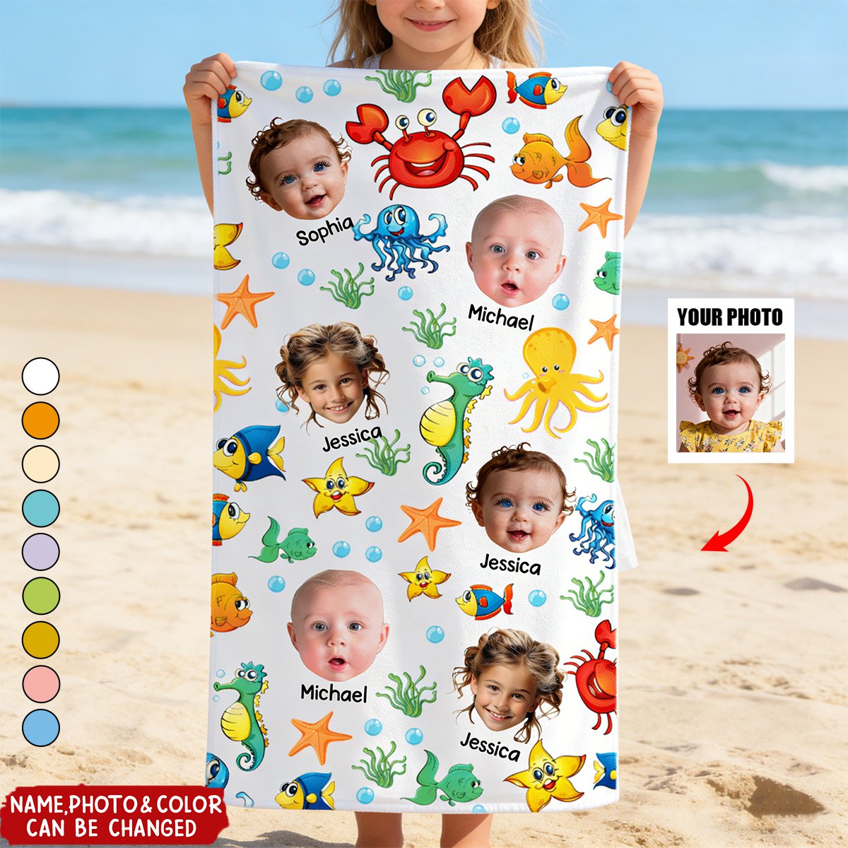 Custom Photo Beach Towel for Kids/Babies with personalized design details for meaningful gifting