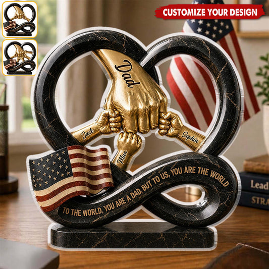 Personalized dad fist bump acrylic plaque with custom kid names and American flag for Father's Day