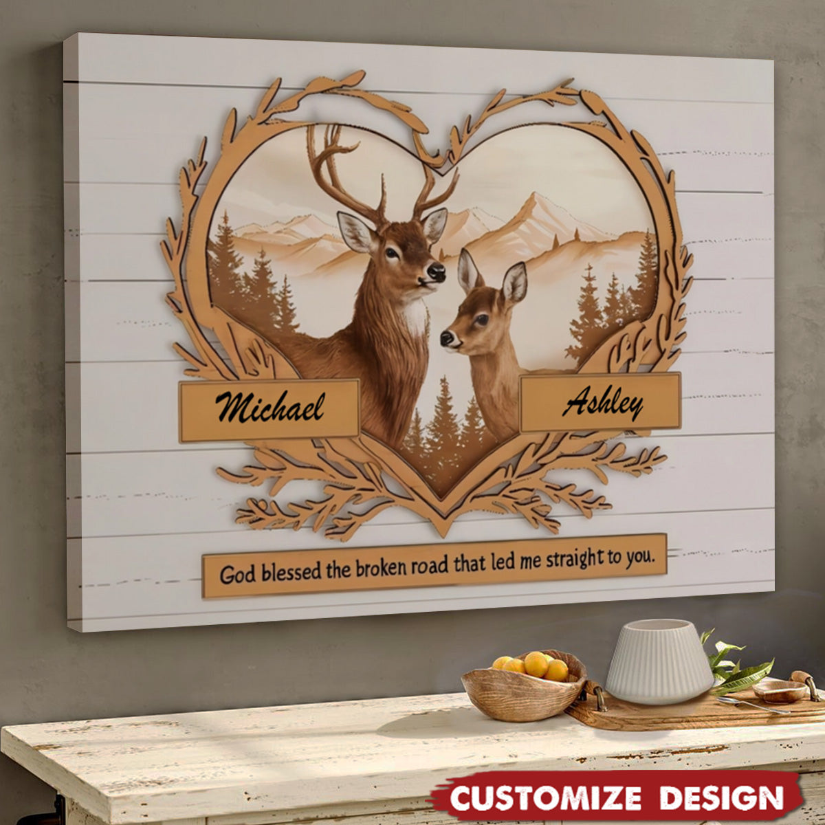 Heartfelt Personalized Canvas / Poster for Couples - 'God Blessed the Broken Road' Deer Art