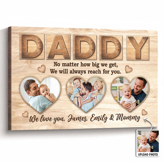 Personalized dad photo canvas wall art with three heart-shaped family pictures and custom names
