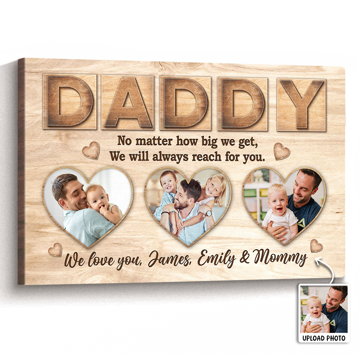 Personalized dad photo canvas wall art with three heart-shaped family pictures and custom names