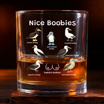 Personalized Nice Boobies Whiskey Glass with custom bird illustrations and name for him or her