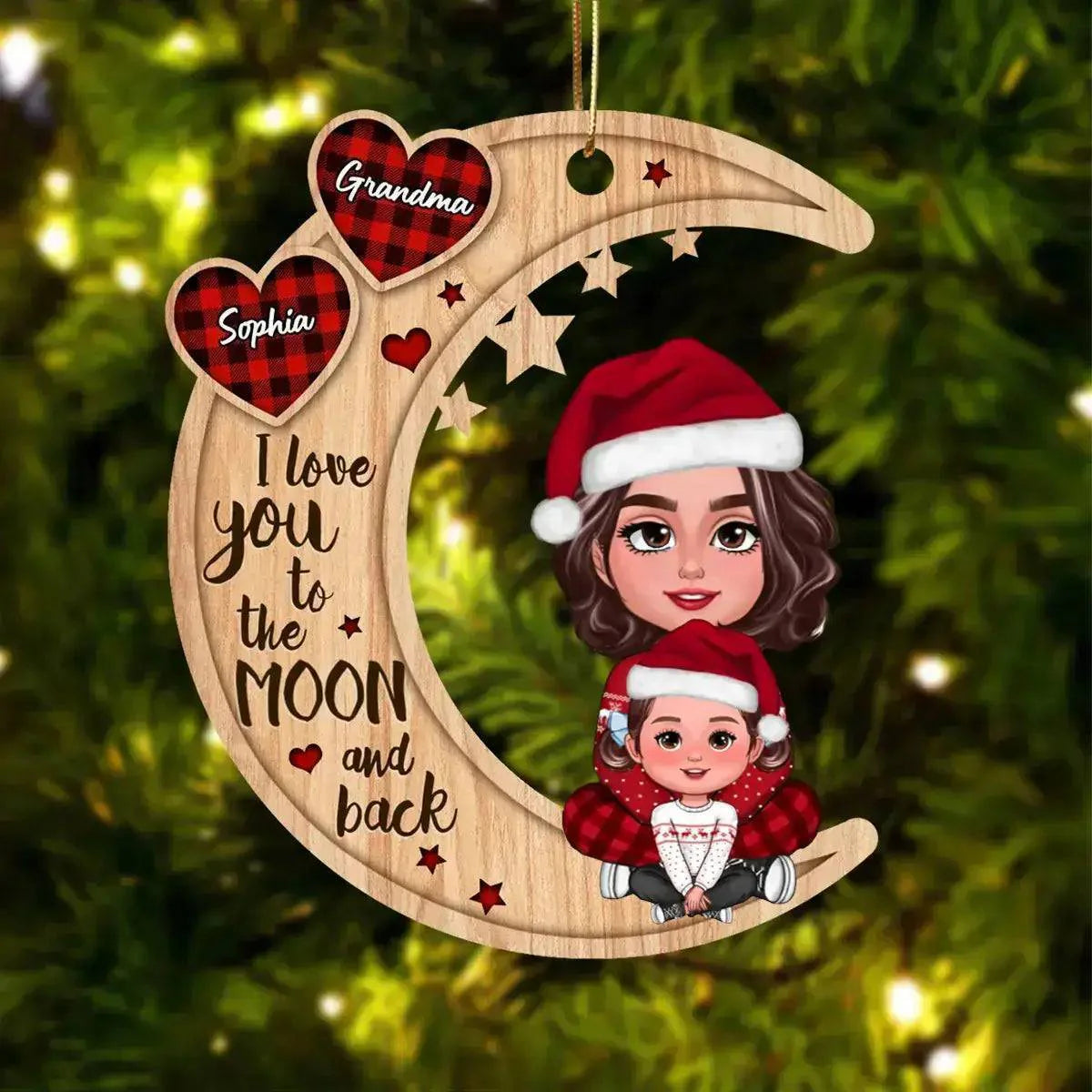 Kid Sitting In Grandma Mom Lap Crossed Leg On Heart Pattern Moon - Personalized Wooden Ornament