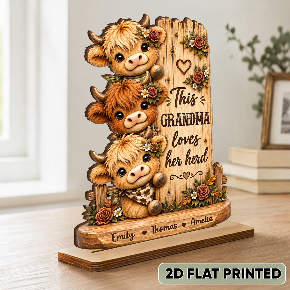 "This Grandma Loves Her Herd" Personalized Wooden Plaque - Custom Highland Cow Name Gift