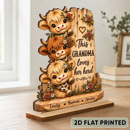 "This Grandma Loves Her Herd" Personalized Wooden Plaque - Custom Highland Cow Name Gift