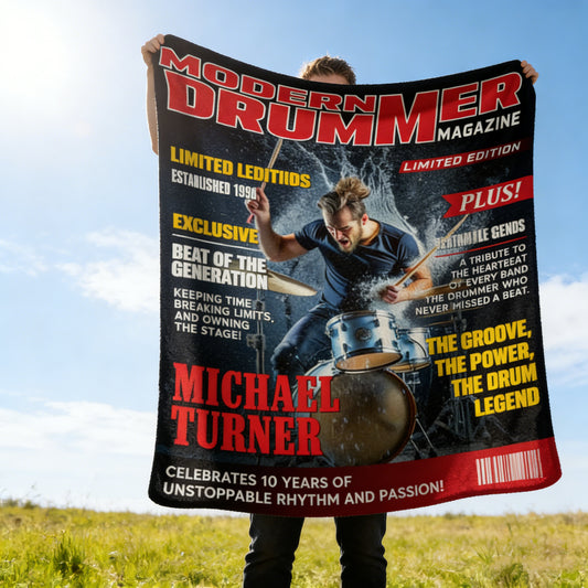 Personalized Drummer Magazine Cover Blanket - Custom Music Gift for Band Members