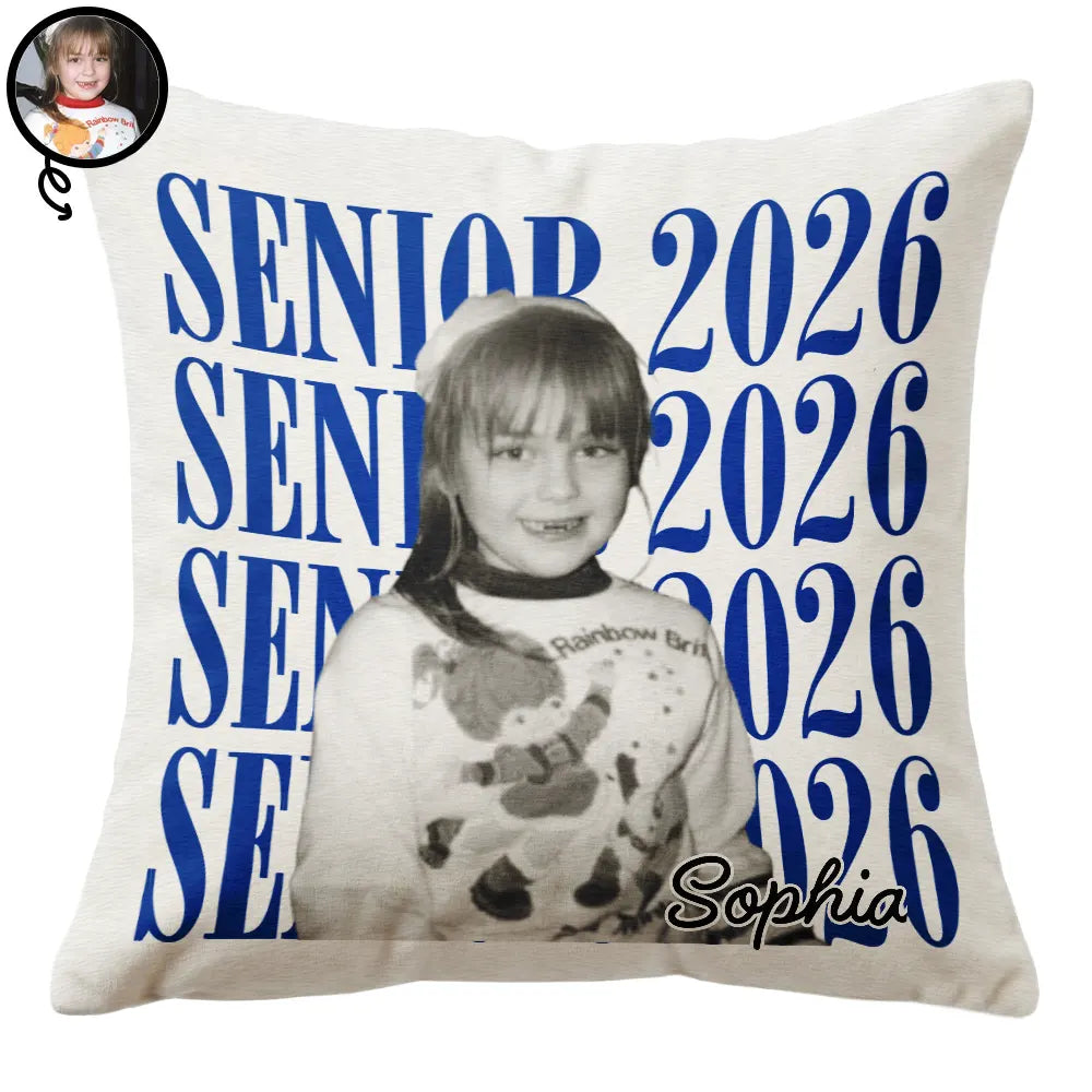 Custom senior 2026 photo pillow featuring childhood throwback portrait print for high school graduation gift