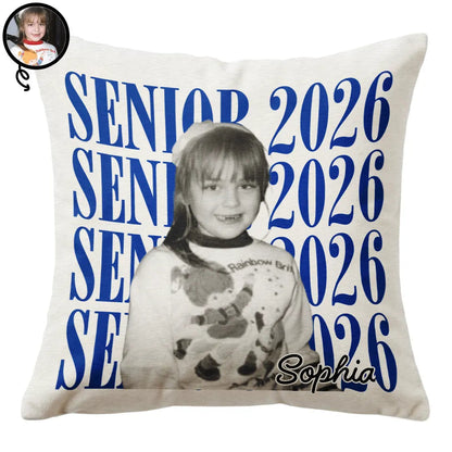 Custom senior 2026 photo pillow featuring childhood throwback portrait print for high school graduation gift