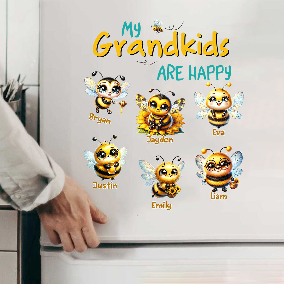 Personalized "My Grandkids Are Happy" Bee Sticker - Custom Grandchildren Names Honeybee Decal for Refrigerator, Kitchen Decor - Unique Gift for Grandparents