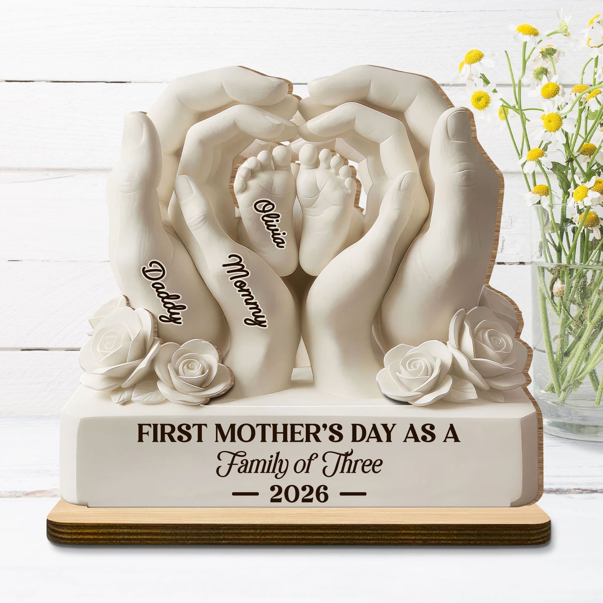 First Mother's Day As A Family Of Three - Personalized Custom 2-Layer Wood Plaque
