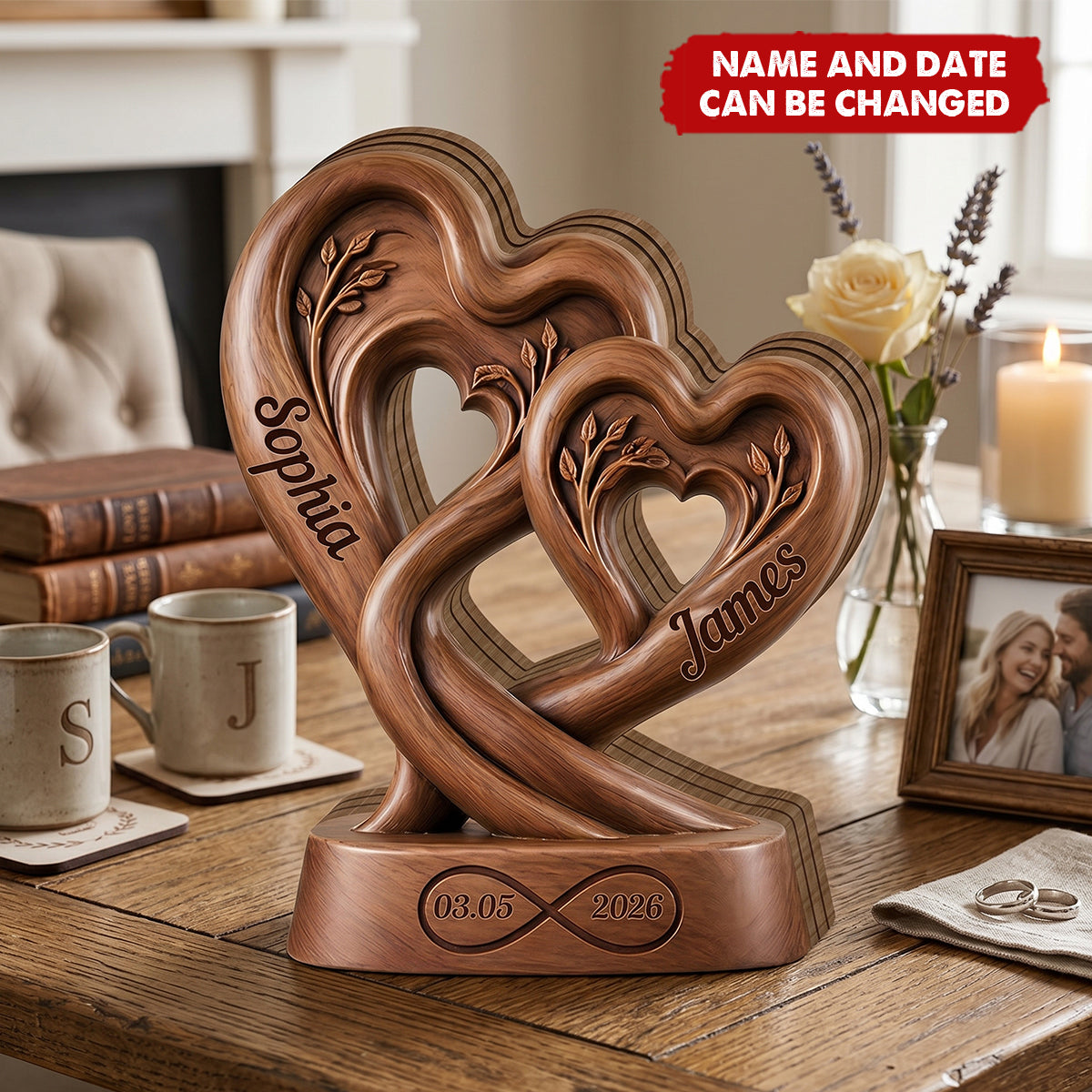 Personalized couples wooden heart plaque with custom names Sophia and James - custom anniversary gift