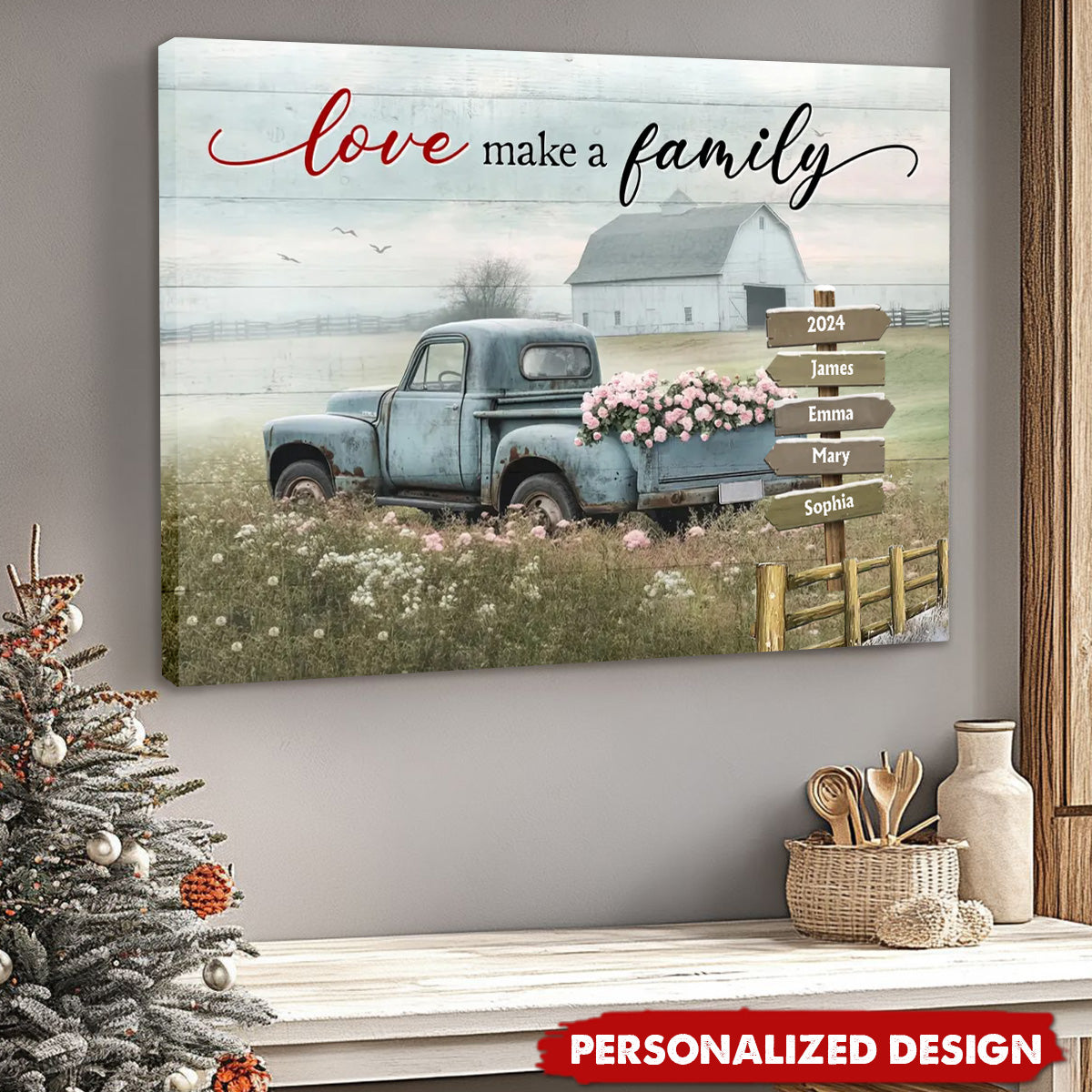 Heartfelt Personalized Family Canvas: 'Love Makes a Family' Rustic Wall Art