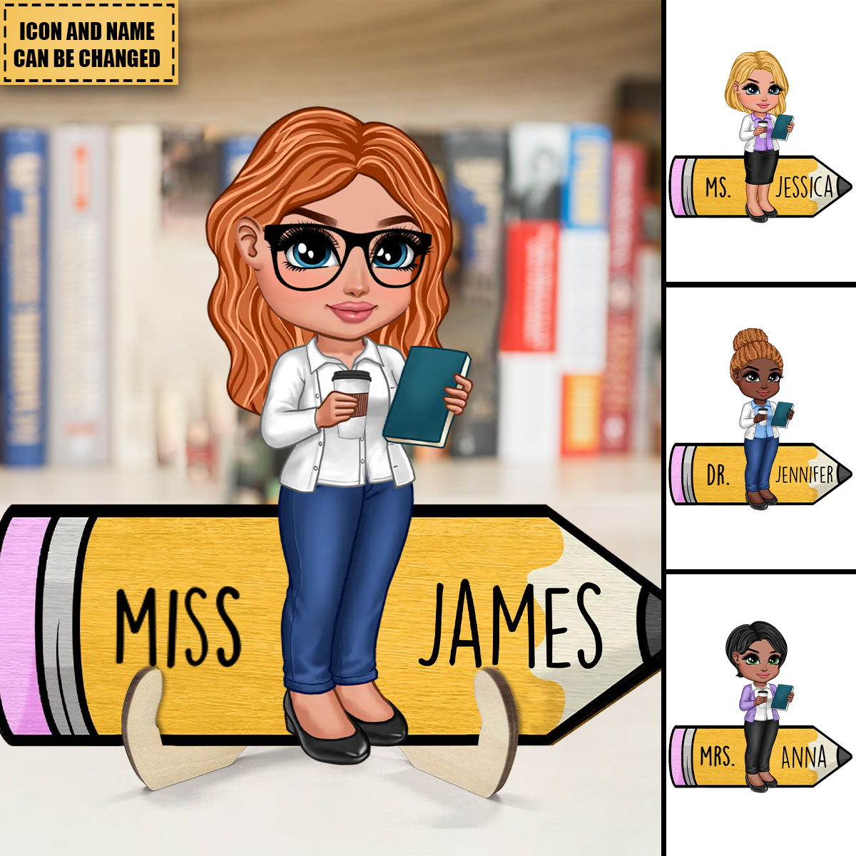 Personalized teacher appreciation plaque with a custom cartoon avatar on a yellow pencil shaped wooden desk name plate