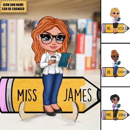 Personalized teacher appreciation plaque with a custom cartoon avatar on a yellow pencil shaped wooden desk name plate