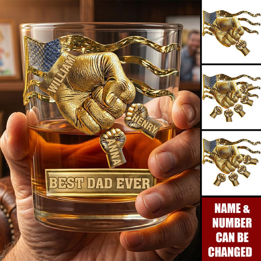 Personalized whiskey glass for dad featuring custom fist bump design with kids names - Best Dad Ever gift