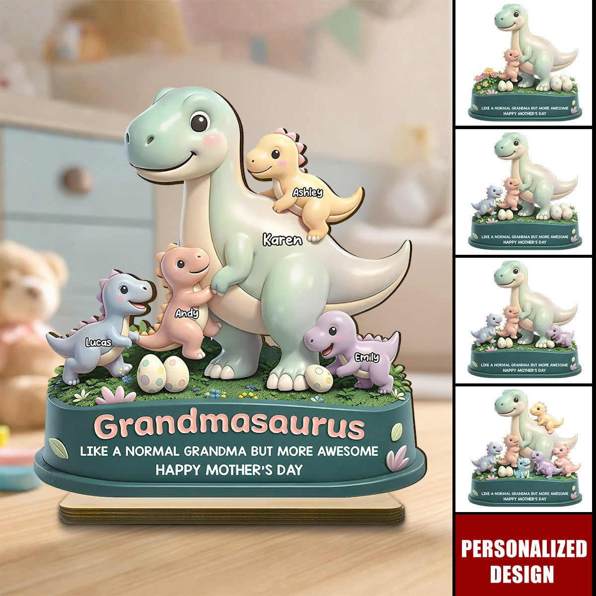 Personalized Dino Family Wooden Plaque - Mother’s Day Gift for Mom & Wife
