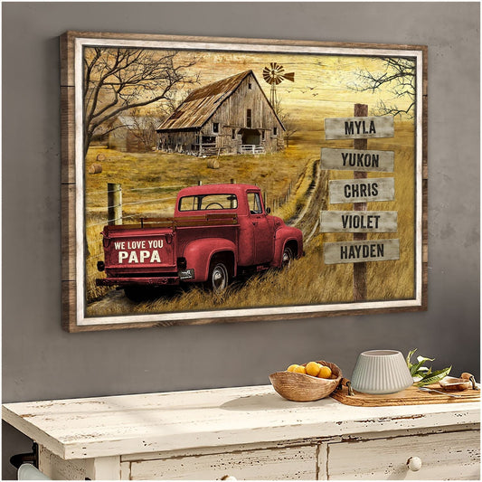 Personalized vintage truck canvas print with custom family names on rustic wooden signs for Dad