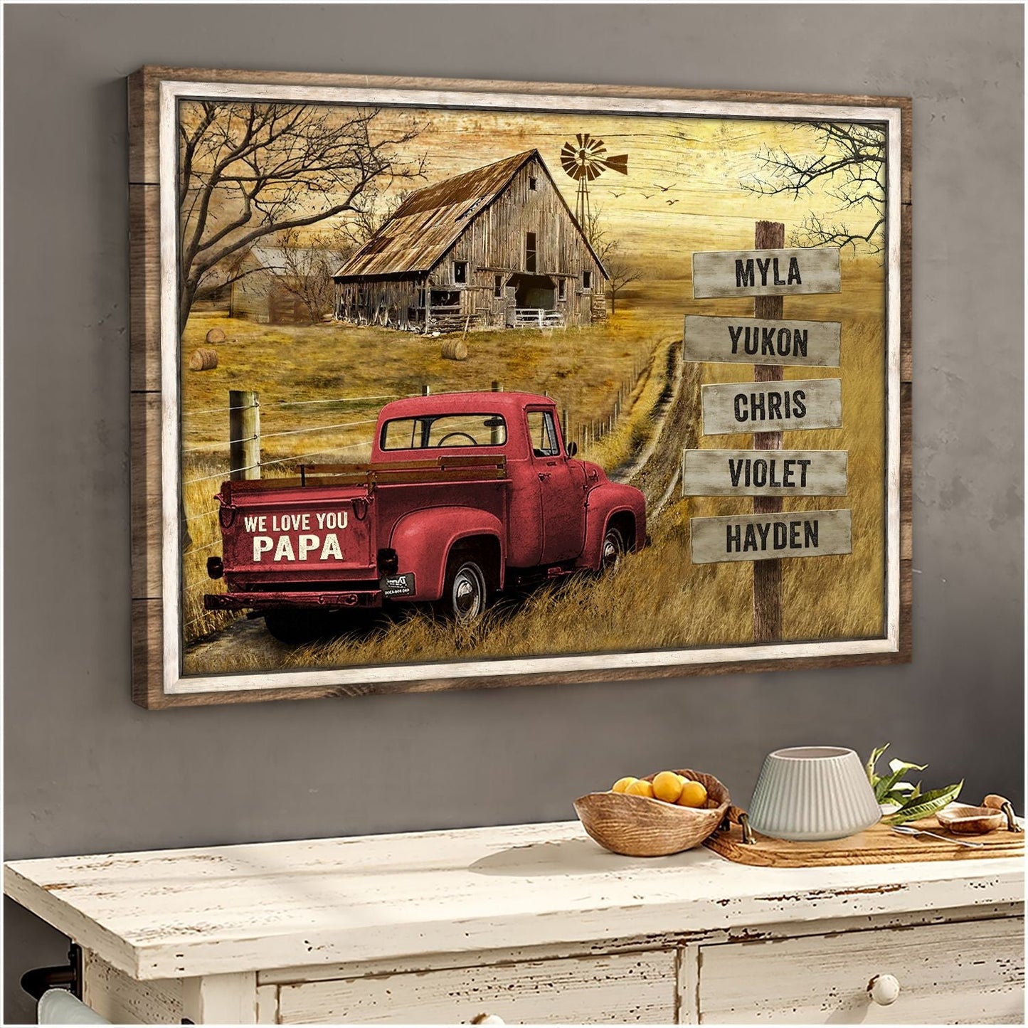 Personalized vintage truck canvas print with custom family names on rustic wooden signs for Dad