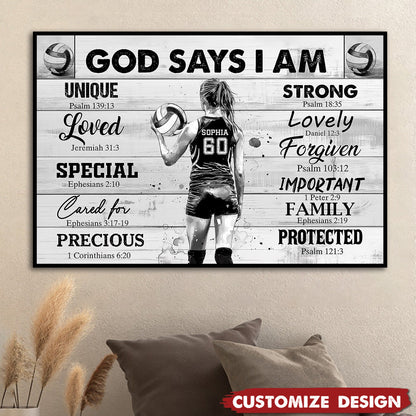 “God Says I Am” Personalized Volleyball Poster / Canvas - Custom Gift for Girls & Volleyball Lovers