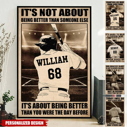 Personalized baseball canvas wall art with custom player name and jersey number - inspirational sports gift