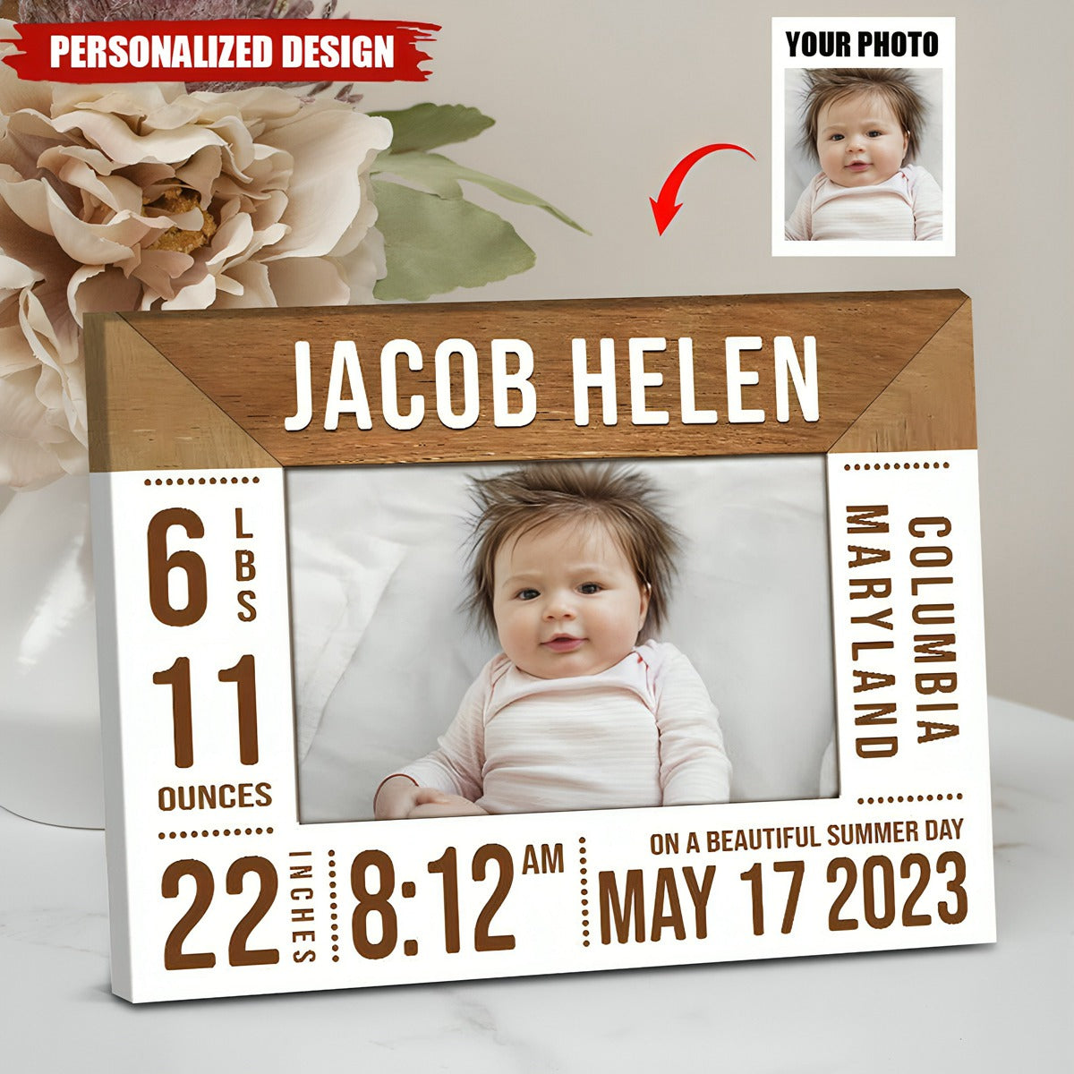 Custom Birth Announcement Picture Frame for Kids/Babies with personalized design details for meaningful gifting