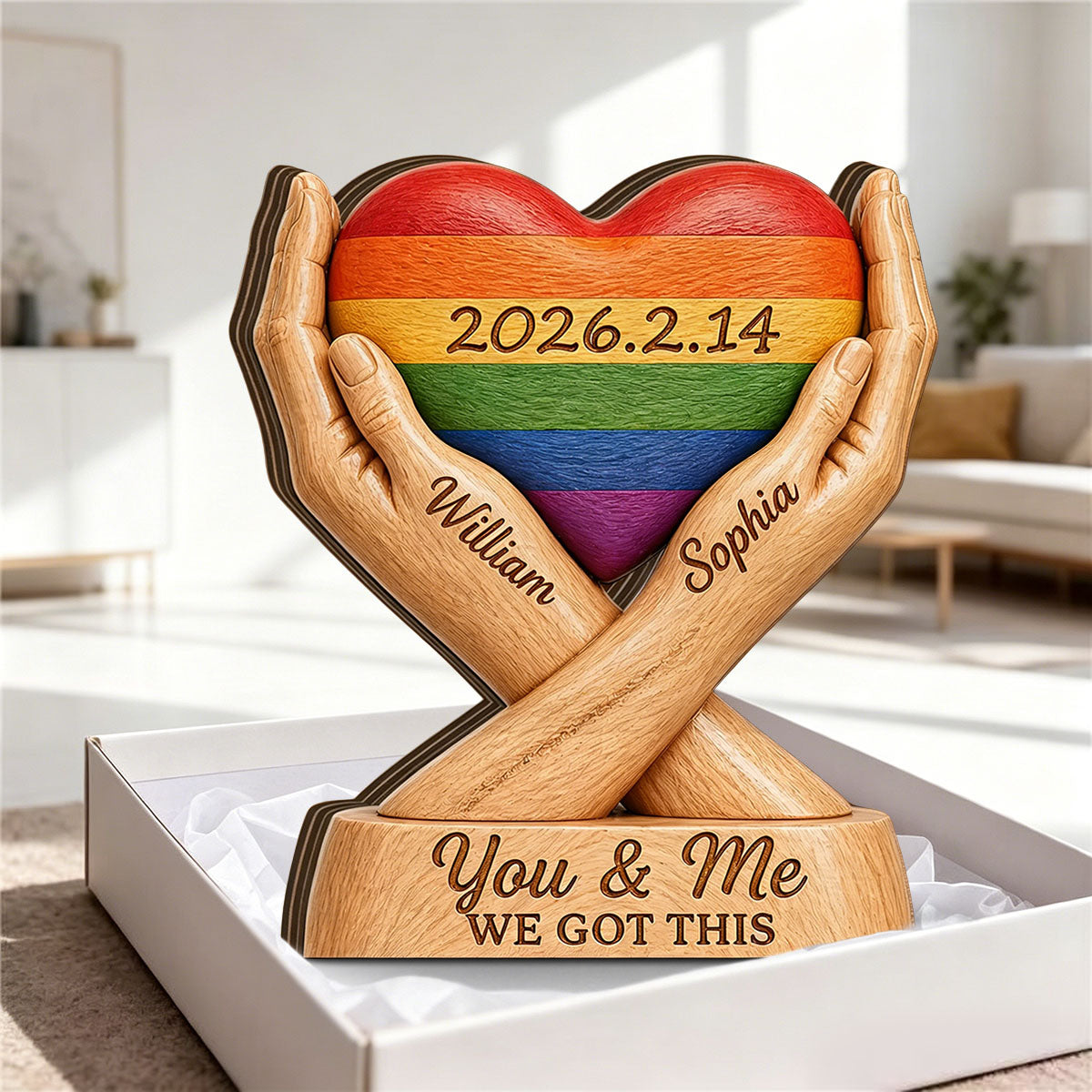 Custom Pride Rainbow Heart Wood Plaque personalization view for Couples