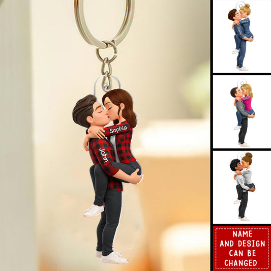 Personalized custom couple portrait keychain featuring an animated kissing design for boyfriend and girlfriend gifts