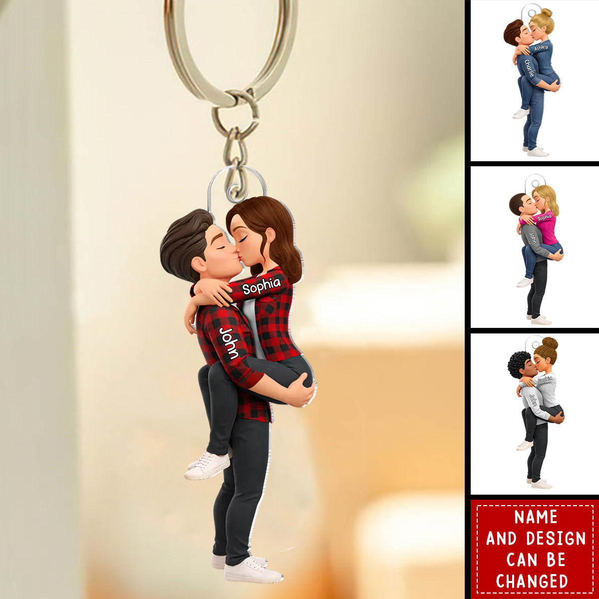 Personalized custom couple portrait keychain featuring an animated kissing design for boyfriend and girlfriend gifts