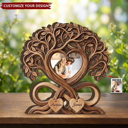 Custom Photo Infinity Heart Tree Wooden Sculpture for Wife with personalized design details for meaningful gifting