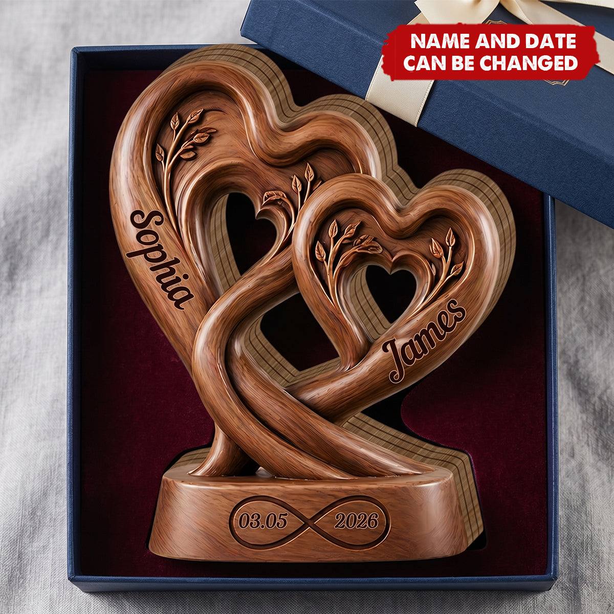 Plaque material and size view - Personalized Couples Wooden Heart Plaque