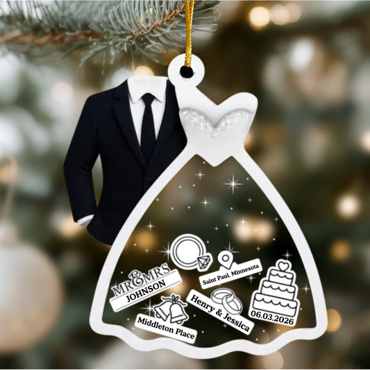 Personalized Wedding Acrylic Ornament - Custom Bride Dress Groom Tuxedo Couple Christmas Keepsake Gift