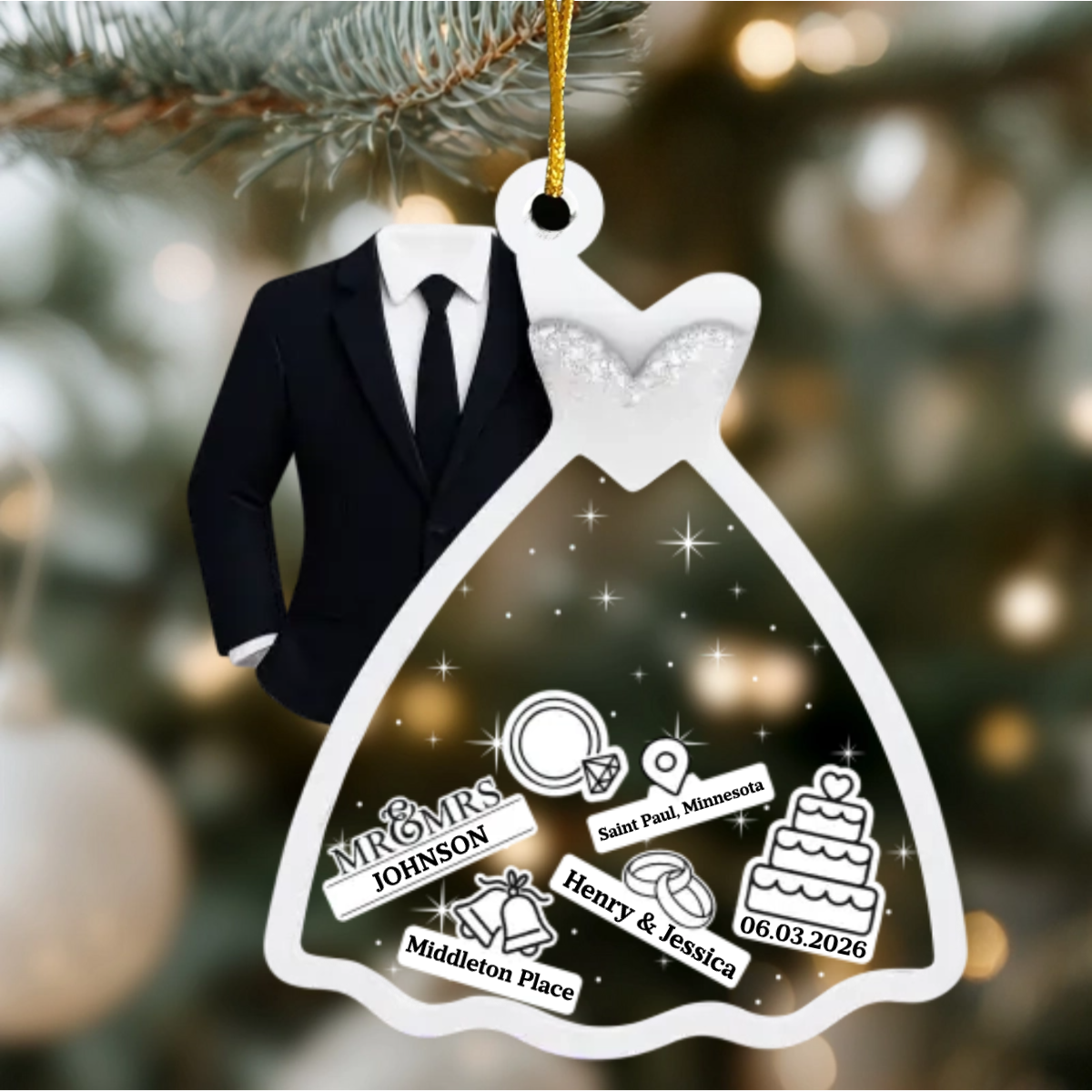 Personalized Wedding Acrylic Ornament - Custom Bride Dress Groom Tuxedo Couple Christmas Keepsake Gift