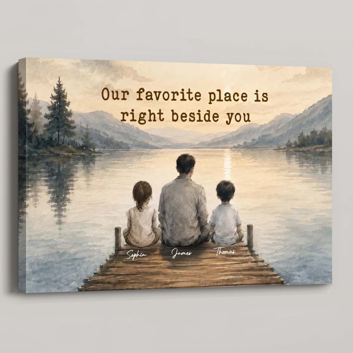 Our Favorite Place Is Right Beside You Personalized Lakeside Dad & Kids Canvas Wall Art Gift
