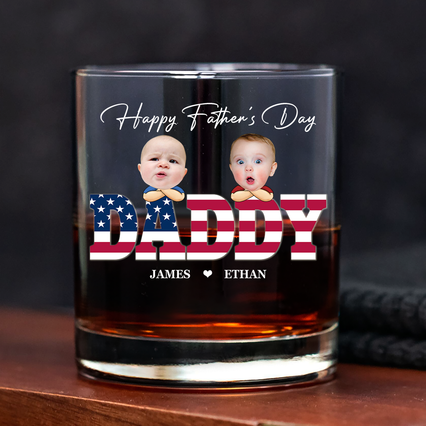 Custom Funny Face & American Flag Whiskey Glass - Father’s Day Gift for Daddy, Grandpa, Uncle