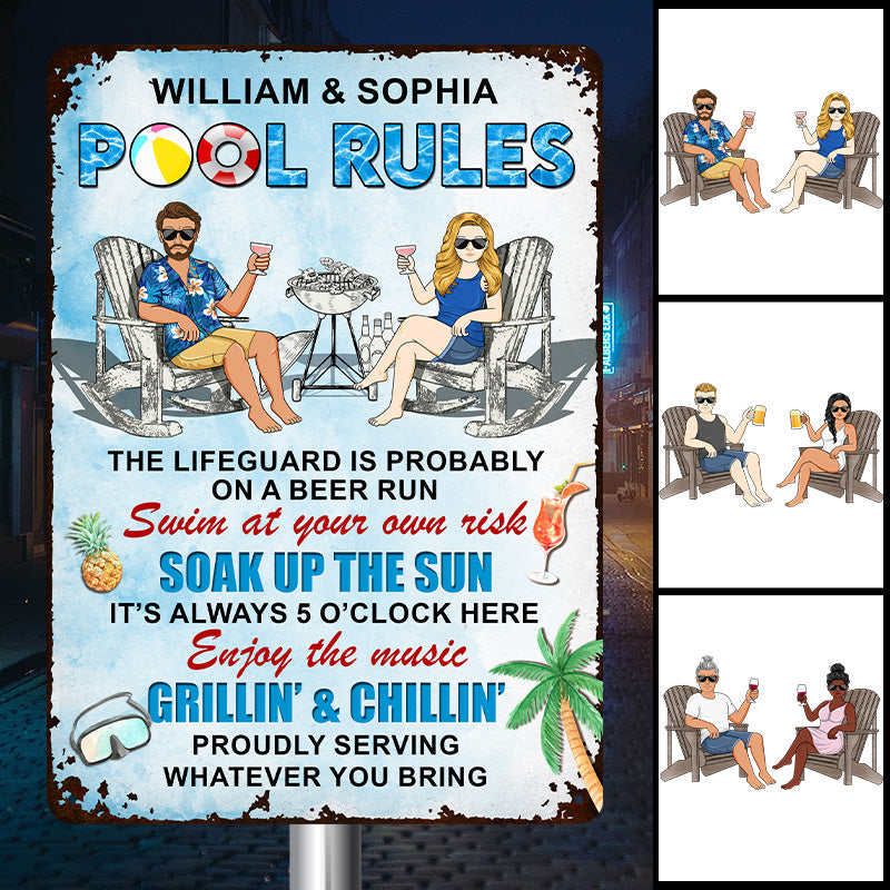 Pool Rules Enjoy The Music Grilling And Chilling - Personalized Custom Couples Metal Sign