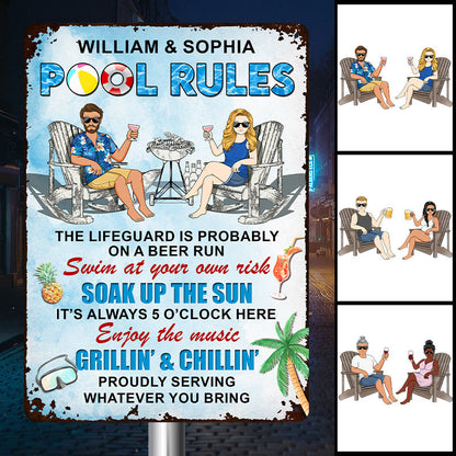 Pool Rules Enjoy The Music Grilling And Chilling - Personalized Custom Couples Metal Sign