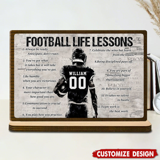 Personalized “Football Life Lessons” Wooden Plaque - Inspirational Gift for American Football Players, Coaches & Fans