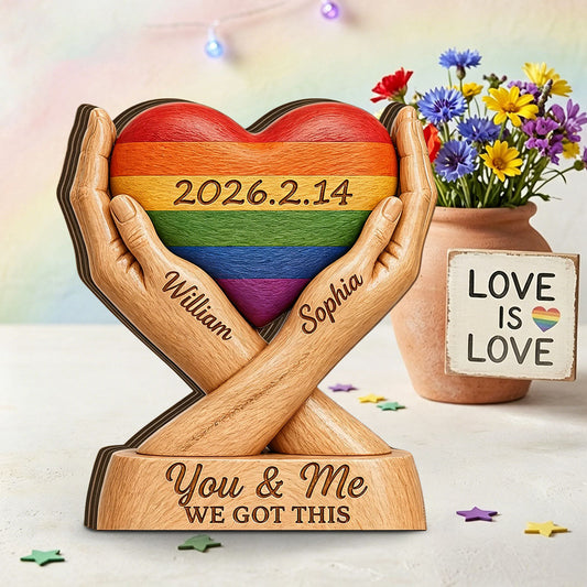 Custom Pride Rainbow Heart Wood Plaque for Couples with personalized design details for meaningful gifting