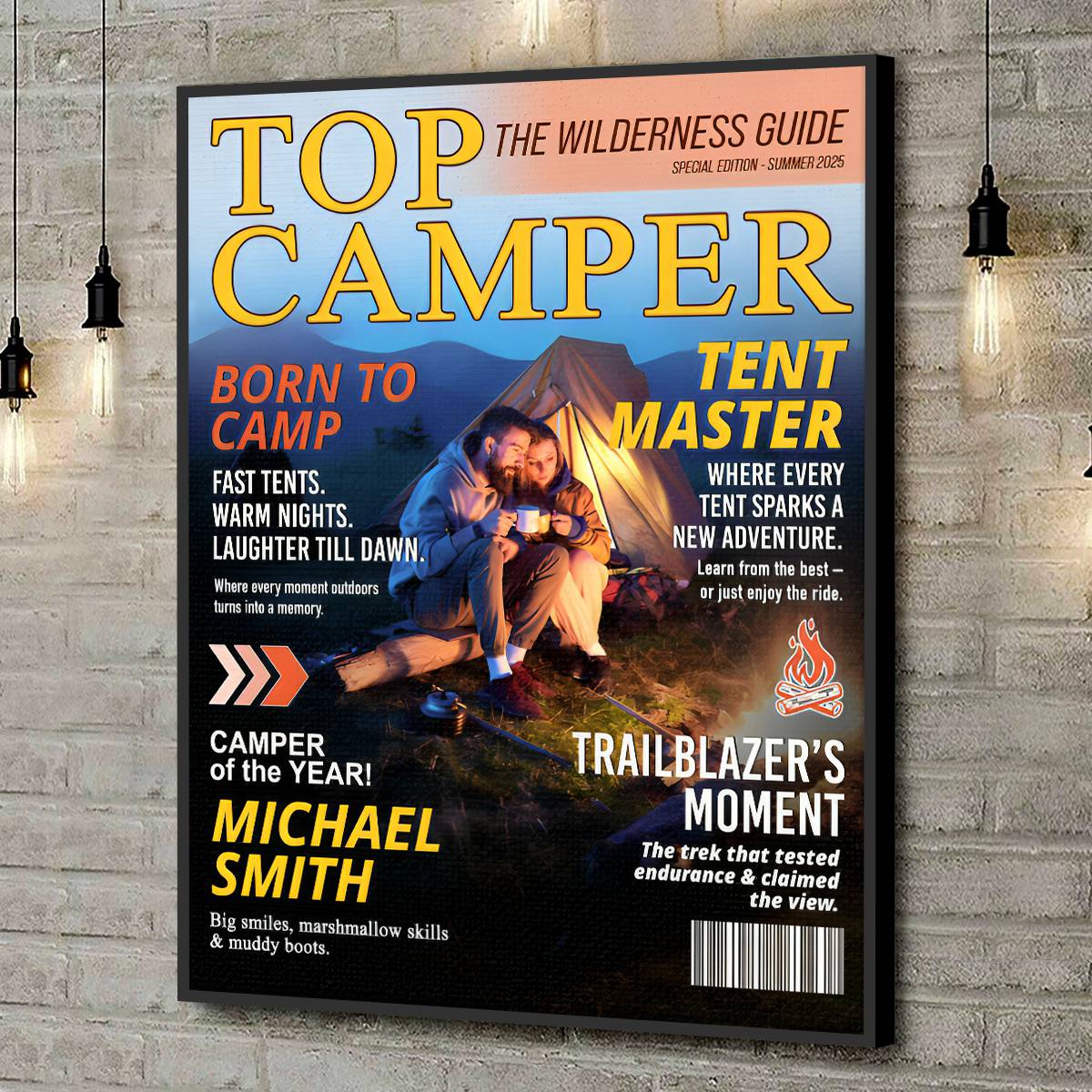 Personalized camping magazine cover canvas print featuring custom outdoor adventure photo for family camping gifts