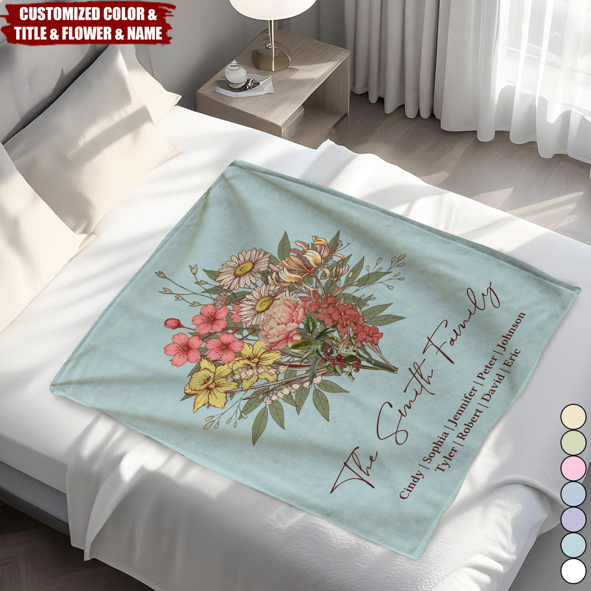 Personalized Family Boho Birth Flower Bouquet Flowers Blanket - Gift For Mom, Grandma, Family