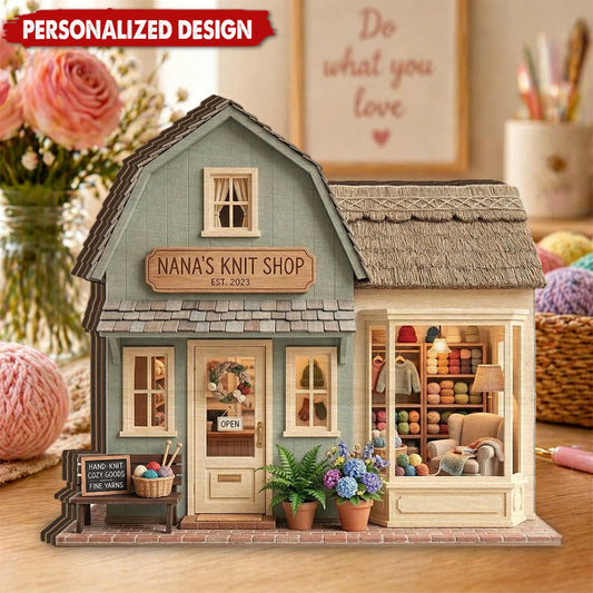 Personalized knitting shop wooden plaque featuring Nana's Knit Shop custom design for knitters