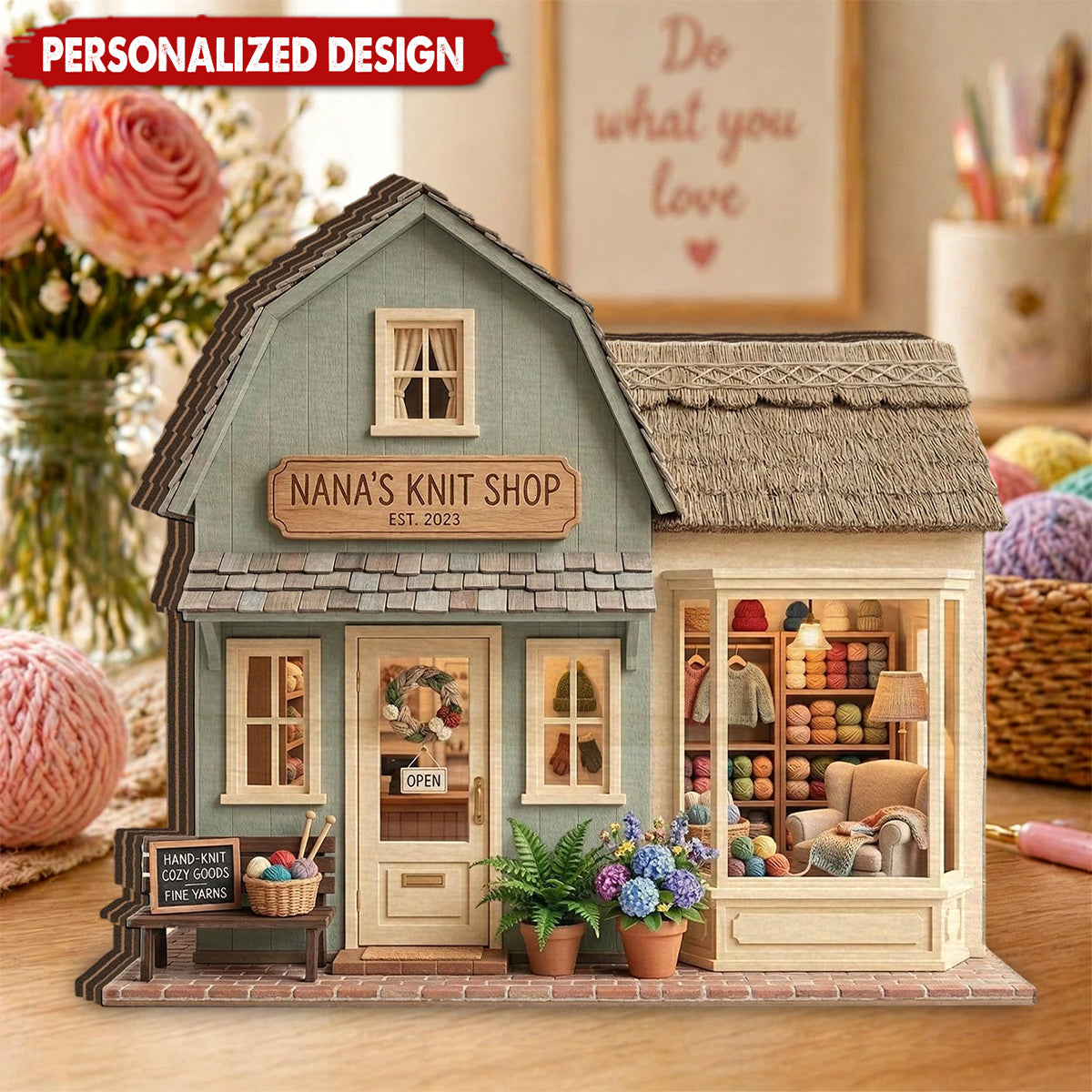 Personalized knitting shop wooden plaque featuring Nana's Knit Shop custom design for knitters